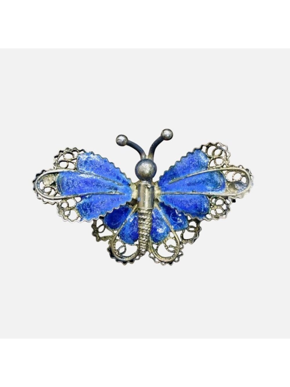 Vintage Italian Blue Enamel Butterfly Pin Brooch 800 Filigree Silver